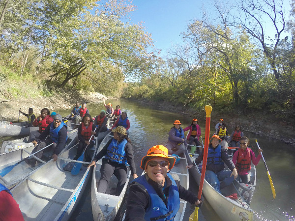 Group canoeing GoPro selfie